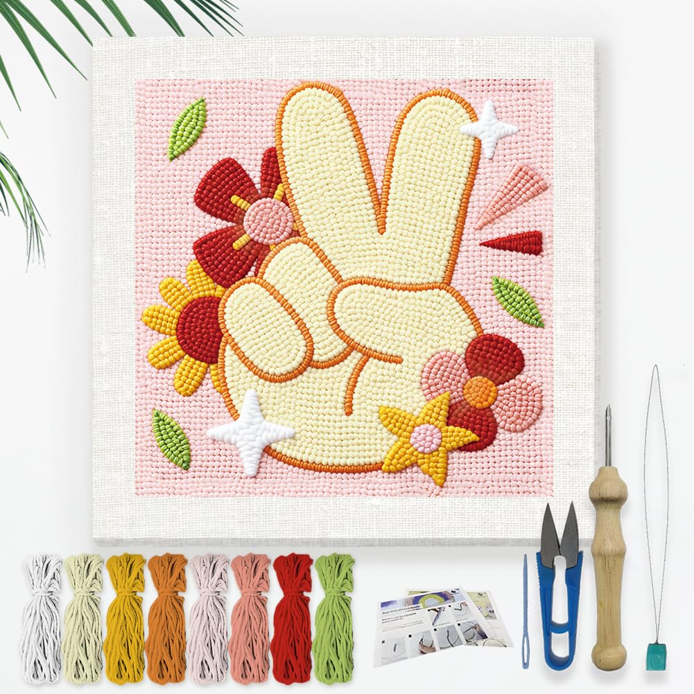 DOODLREAM Victory Gesture Needle Kit for Beginner, 9.4"x 9.4" Peace Hand Gesture Punch Stitching Craft Set, DIY Embroidery Starter with Printed Frame, Instruction, Threader, Yarn, Pinch Needle