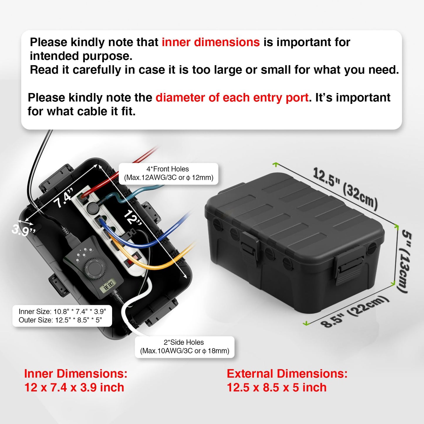 Flemoon Large Outdoor Electrical Box (12.5 x 8.5 x 5 inch), IP54 Waterproof Extension Cord Cover Weatherproof, Protect Outlet, Plug, Socket, Timer, Power Strip, Holiday Light Decoration, Black