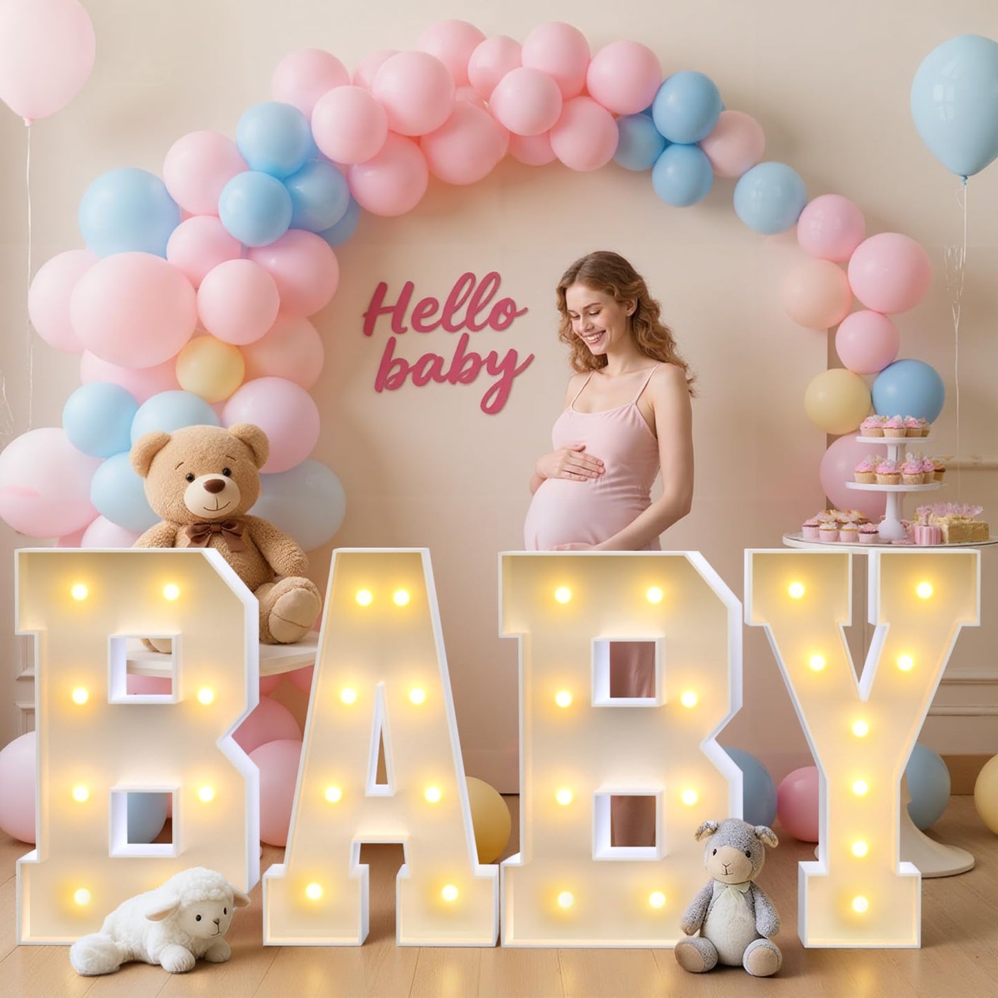 3FT Baby Marquee Letters, Large Light Up BABY Sign for Backdrop Baby Shower Decorations, 3 Feet Tall Big Light Up Letters for Girl Boy Gender Reveal Party Decor, Pre-Cut Foam Board Kit, 4 Pcs