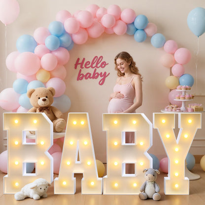 3FT Baby Marquee Letters, Large Light Up BABY Sign for Backdrop Baby Shower Decorations, 3 Feet Tall Big Light Up Letters for Girl Boy Gender Reveal Party Decor, Pre-Cut Foam Board Kit, 4 Pcs