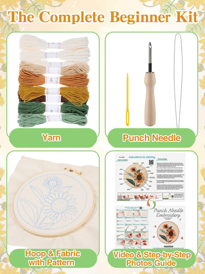Punch Needle Kit Adults Beginner - Step-by-Step Video & Guide, Includes Hoop/Needle/Yarns/Punch Needle Fabric with Pattern, Spring Embroidery Craft Gifts for Women, Sunflower