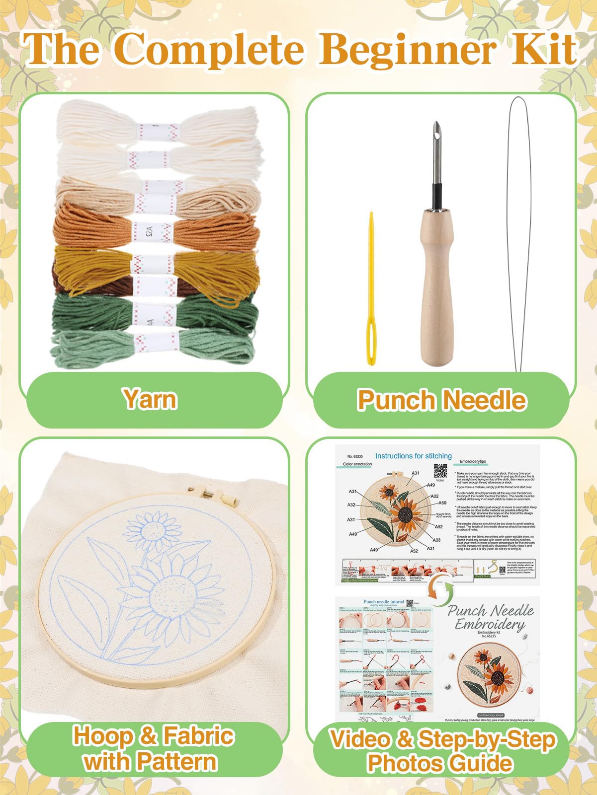 Punch Needle Kit Adults Beginner- Step-by-Step Guide & Video, Including Punch Needle Fabric with Pattern/Hoop/Needle/Yarns, Spring Embroidery Craft Kits, Easy Hobby Gifts for Women, Sunflower