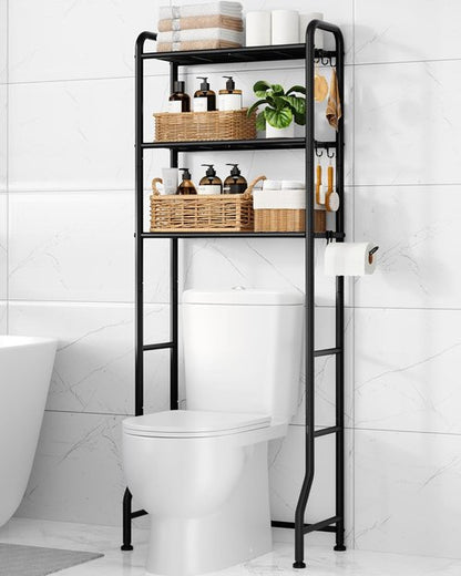 Kitsure Over Toilet Storage Rack - Metal Bathroom Organizer Shelf with Paper Holder & Hooks | Black, 3 Tiers (63.2" H)