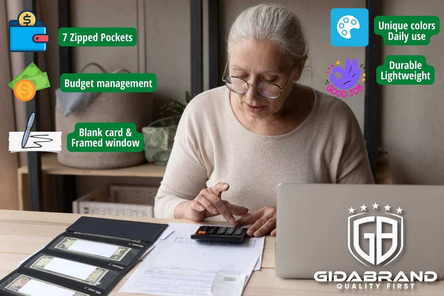 Money organizer for cash 7 slots money holder with blank card, Cash holder wallet organizer for Budgeting, Traveling, Saving, Receipts, Coupons and Tips (Black)