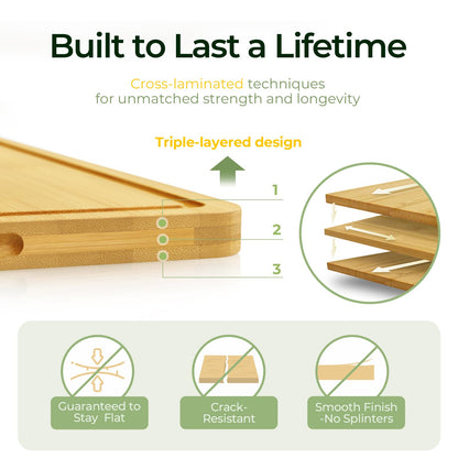 Bamboo Cutting Board, Durable Wood Cutting Boards for Kitchen with Deep Juice Grooves & Built-in Handles, Ideal Charcuterie & Chopping for Meat, Vegetables and Fruits Ideal Kitchen Gifts