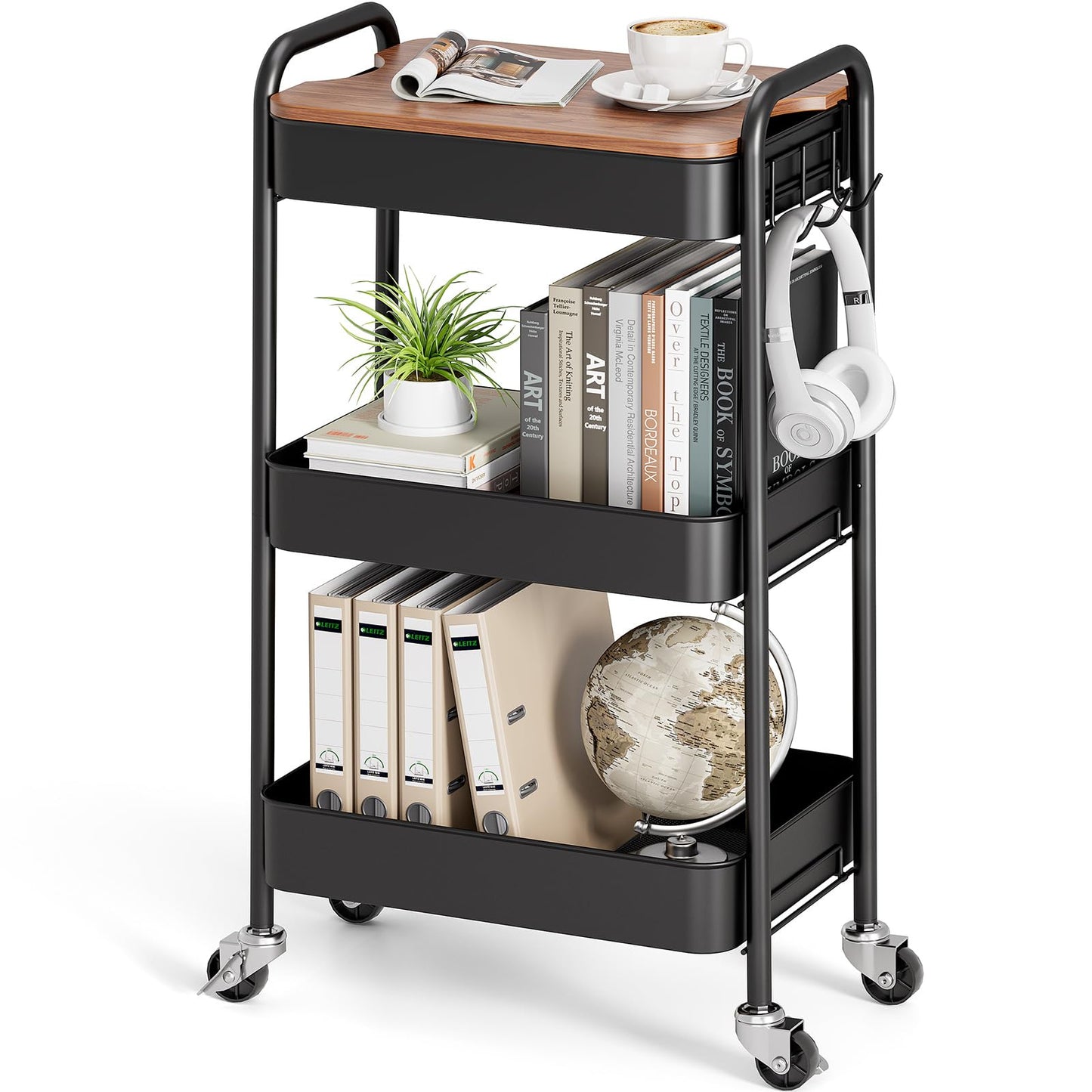 TOOLF 3-Tier Rolling Cart with Table Top, Metal Storage Cart on Wheels, Utility Organizer with Wooden Tray, Lockable Casters, Easy Assembly for Bathroom, Living Room, Office, Kitchen, Black
