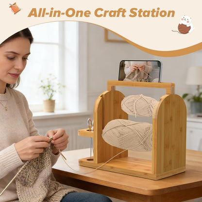 sandpaint Yarn Holder for Crocheting, Durable Bamboo Wood Yarn Storage Organizer with Built-in Phone Stand, Tangle-Free Dual Rods & Tool Holder, Ideal Crochet Accessories for Skein, Cake, Ball Yarn