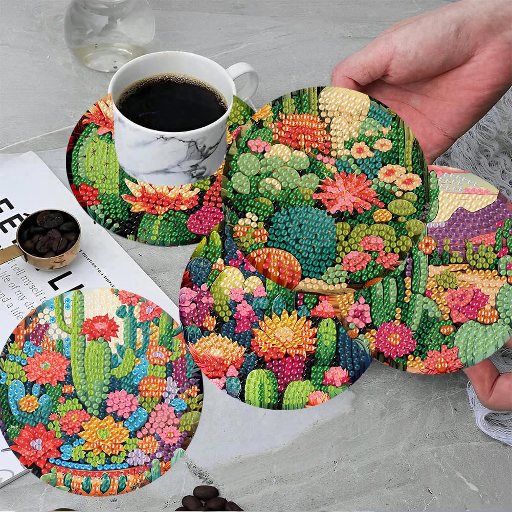 ijbnhd 8 Pcs Cactus Diamond Art Coasters Kit, Cactus Diamond Painting Coasters with Holder, Arts and Crafts Supplies Astral 4X4inch (Cork Wooden Pad)