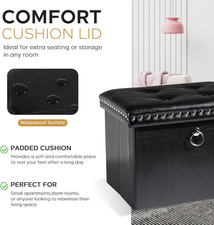 16x12x12 oakvivo Small Storage Ottoman Foot Rest Stool, in Foldable Leather Footstool Storage Bench with Rivet Design