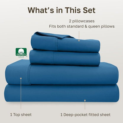 California Design Den Queen Cotton Sheet Set - 400 TC Award-Winning Silky Sateen, Deep Pockets, Cobalt Blue