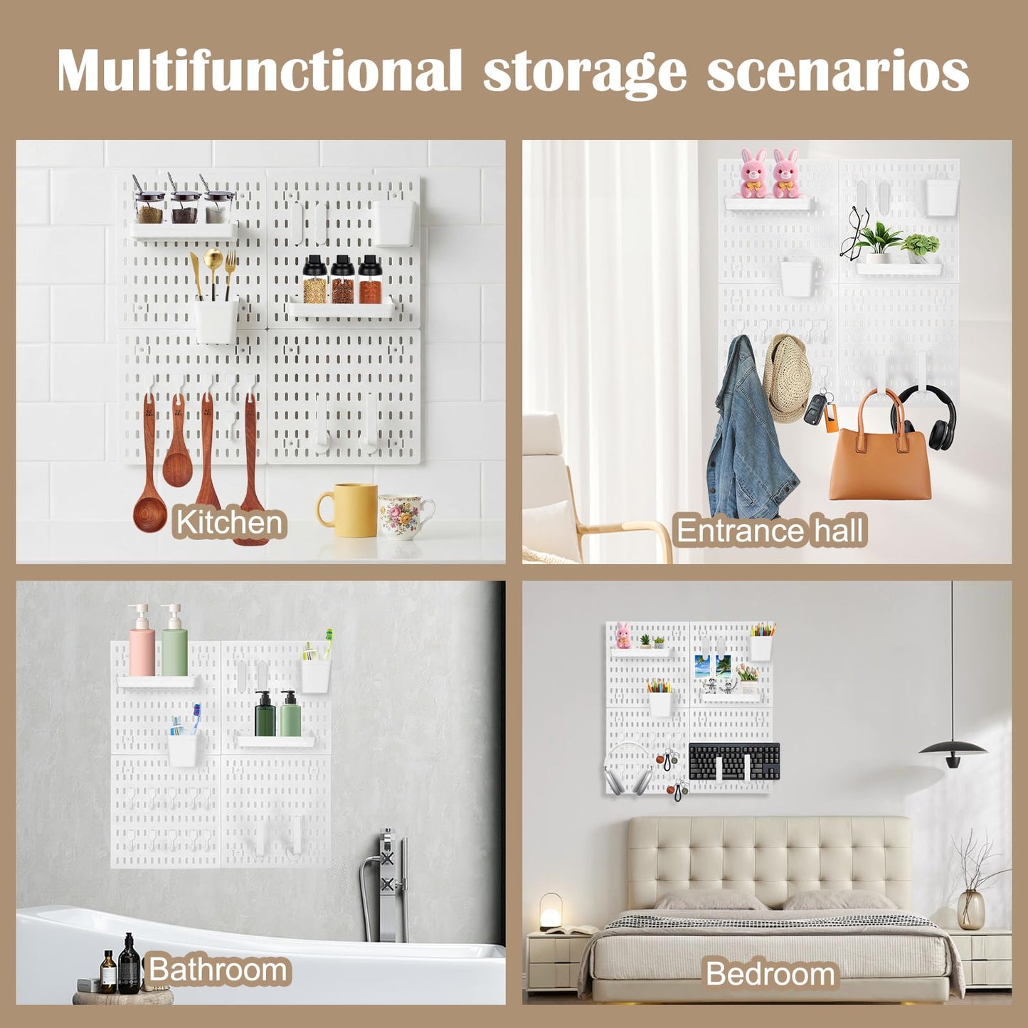 4 Pack White Peg Boards with Hooks & Shelves,22pcs Kits Pegboard Wall Organizer Set–Pegboard Wall Display Rack for Office, Kitchen, Gaming Room Desk Pegboards Storage