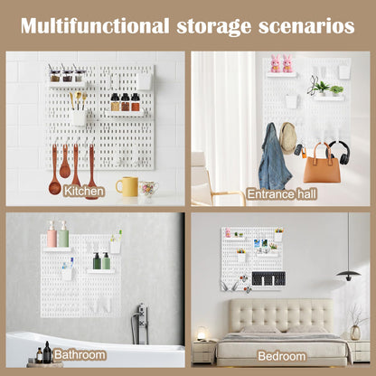 4 Pack White Peg Boards with Hooks & Shelves,22pcs Kits Pegboard Wall Organizer Set–Pegboard Wall Display Rack for Office, Kitchen, Gaming Room Desk Pegboards Storage