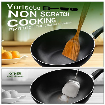 Vorisebo Wooden Spoons for Cooking, Natural Teak Wooden Utensils Set, 10 Piece Handmade Wood Kitchen Utensil Set with Holder and Spoon, Durable Nonstick Kitchen Cookware Tool