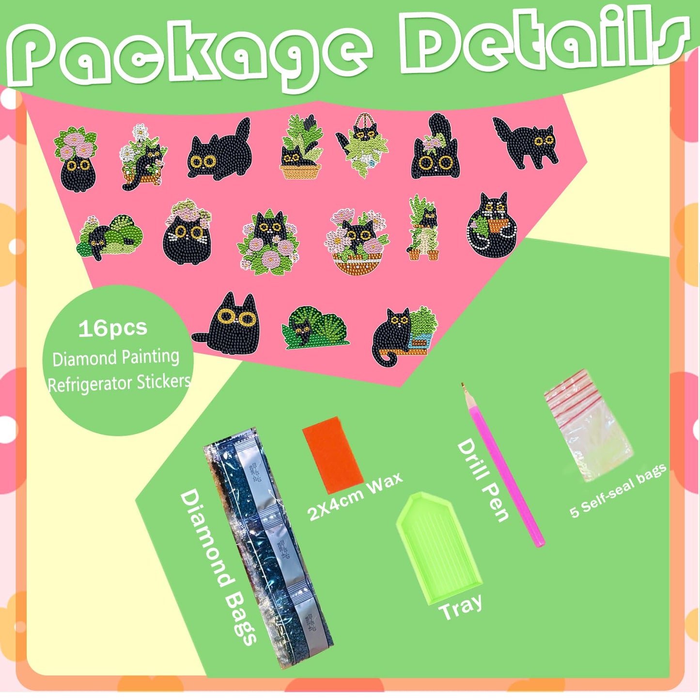 Gamteldot 16Pcs Diamond Art Magnets Kits-5D Small Diamond Art Kits for Adults Beginners,DIY Gem Art Painting Kits with Full Tools,Rhinestone Refrigerator Gem Crafts for Decor Gift -Black Cat