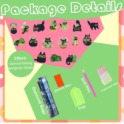 Gamteldot 16Pcs Diamond Art Magnets Kits-5D Small Diamond Art Kits for Adults Beginners,DIY Gem Art Painting Kits with Full Tools,Rhinestone Refrigerator Gem Crafts for Decor Gift -Black Cat