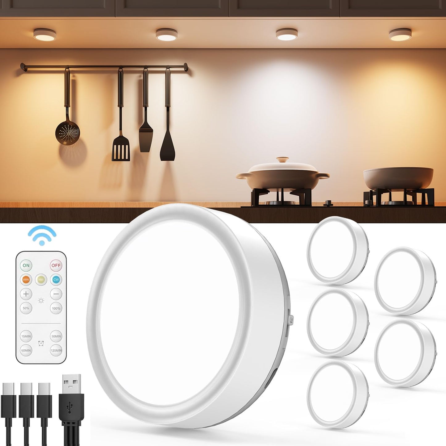 Rechargeable Puck Lights with Remote Control, 2400mAh Battery Powered LED Tap Light Push Lights Stick On for Closet USB Display Shelf Light Magnetic Under Cabinet Press Button Lighting for Classroom