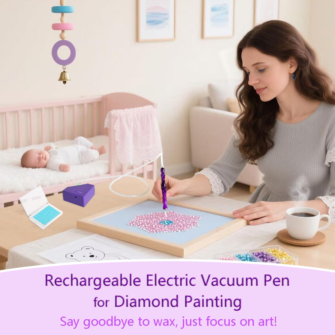 Lanzeyo Rechargeable Electric Diamond Painting Pen Vacuum Diamond Art Pen with Long Endurance Battery Electric Vacuum Pen with Beads Storage Tray for Gem Art Diamond Art Accessories (Purple)