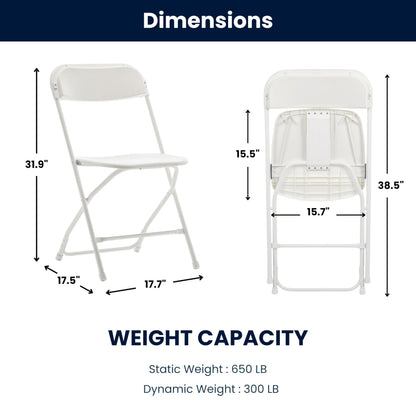 BTEXPERT Set of 50,Indoor Outdoor White Plastic Folding Chairs Stacking Steel Frame Commercial 650LB Weight Capacity Seating Home Yard Garden Wedding Event Party Picnic Dining Church School Portable