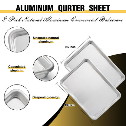 Commercial Quality Baking Sheet Pan Set, Natural Aluminum Cookie Sheet, Umite Chef Encapsulated Galvanized Steel Rim Warp Resistant Baker's Quarter Sheet Pan, Cookie Tray Pans for Baking, Roasting