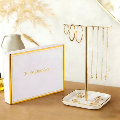 Jewelry Holder Stand with Ceramic Base: 12" Tall Necklace Organizer Rack, Tree Design Display Storage for Necklaces, Bracelets, Rings, Earrings, Aesthetic Room Décor for Girls and Women, Gold