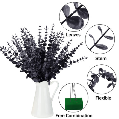 FEQO 36 Pcs Black Eucalyptus Stems Artificial Leaves Faux Eucalyptus Stems Branches 15 inch for Wedding Bouquet Home Decor
