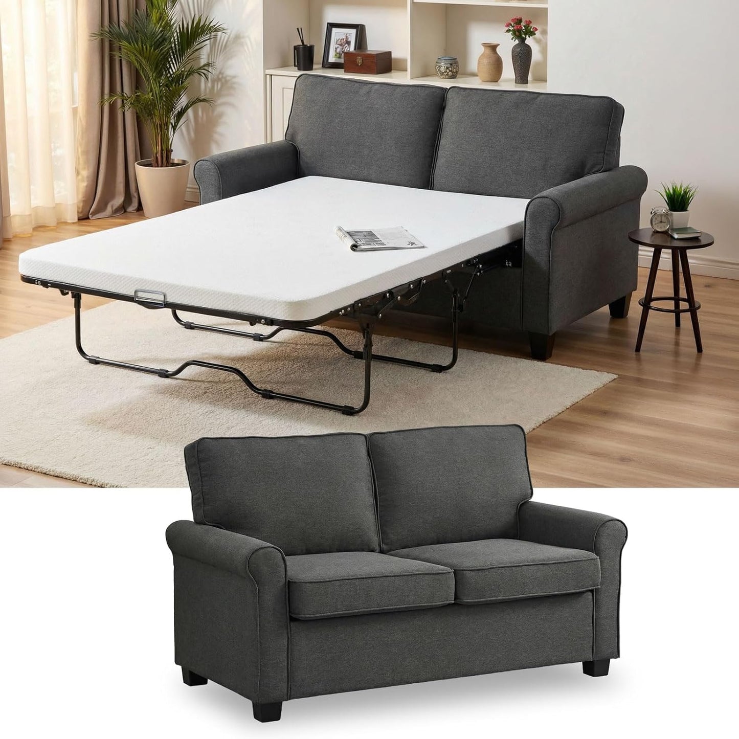 Meeyar 57 inches Loveseat Sleeper Sofa, 2-in-1 Pull-Out Couch Bed with High-Density Sponge Mattress for Small Apartment, Living Room, Guest Room,Grey