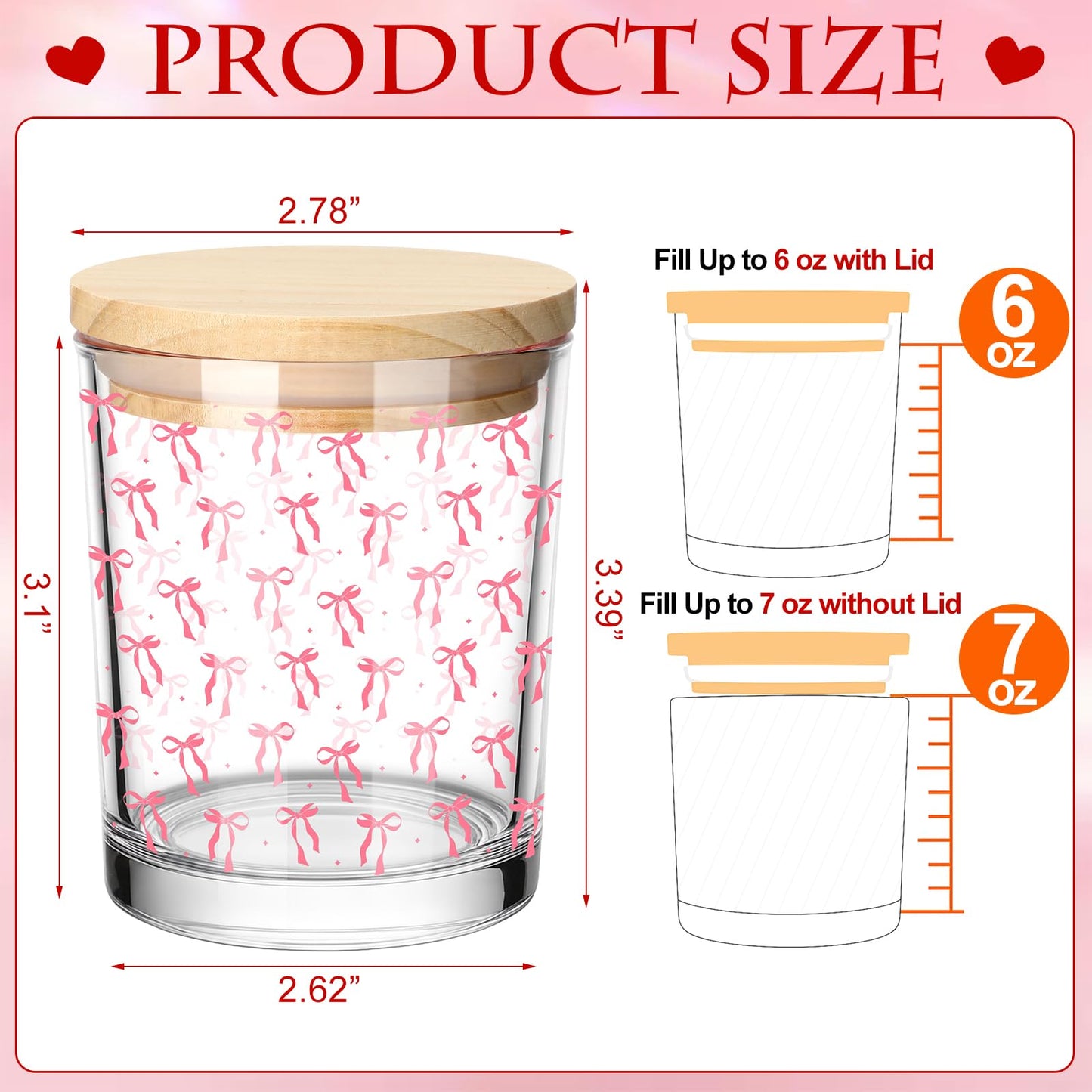 Ziliny 10 Pcs Pink Bow Glass Candle Jars Empty Containers Bulk 7 oz Glass Jars with Cork Lids Tins for Xmas Holiday Candle Making Storing Biscuits Tea Party Favors