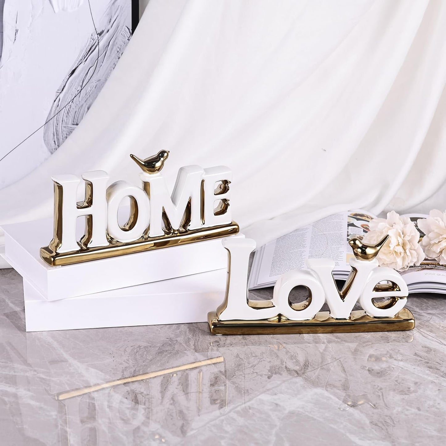 Love Sign, White & Gold Room Decor, Knick Knack Shelf, Gold Bird, Boho Bookshelf, Abstract Statue, For Living Room