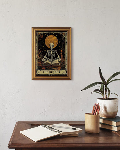 HUARCEY Gold Framed Canvas Wall Art, Skeleton Reader Tarot Picture Decor, Library Reading Room School Decor, Book Lover Witchy Gothic Halloween Canvas Paintings, 12x16inch