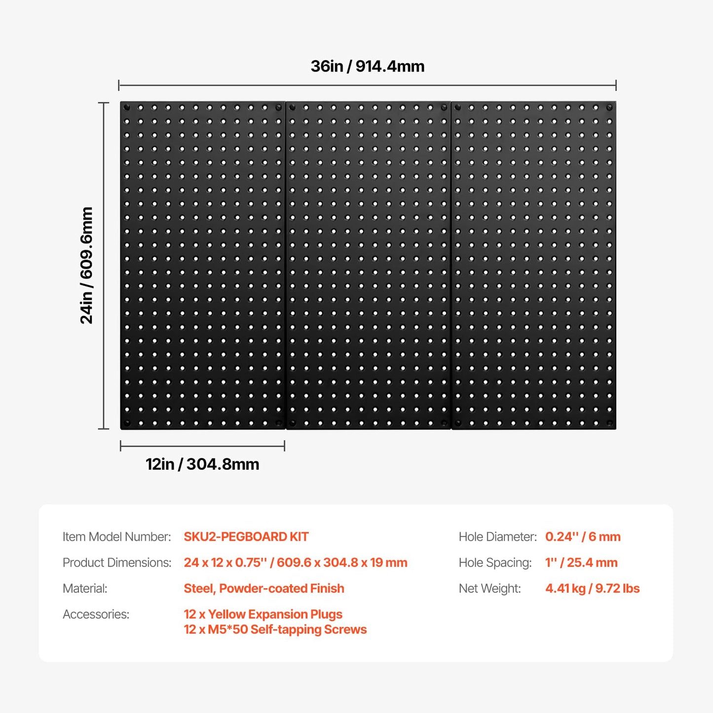 VEVOR Metal Pegboard Panels, 24" x 12" Pegboard, 3 Panels, Heavy Duty Steel Peg Board Wall Organizer, for Living Room Garage Tool Storage Workbench Office Organization Craft Room Kitchen Home, Black