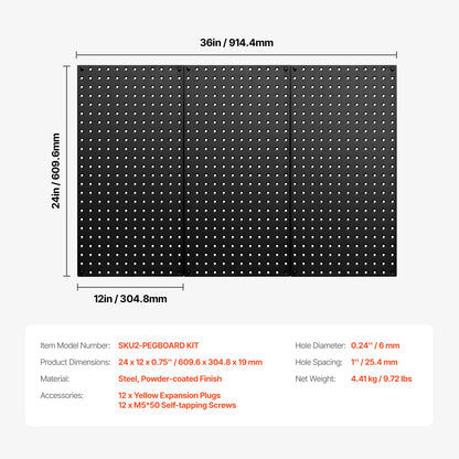 VEVOR Metal Pegboard Panels, 24" x 12" Pegboard, 3 Panels, Heavy Duty Steel Peg Board Wall Organizer, for Living Room Garage Tool Storage Workbench Office Organization Craft Room Kitchen Home, Black