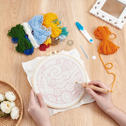 BEUNITONE Starry Sky Scenery Punch Needle Kit for Adults Beginners, Complete Embroidery Craft Kits with Needle, Hoop and Easy to Follow Instructions, Create Home Decor, Wall Hanging Art Making 20x20cm