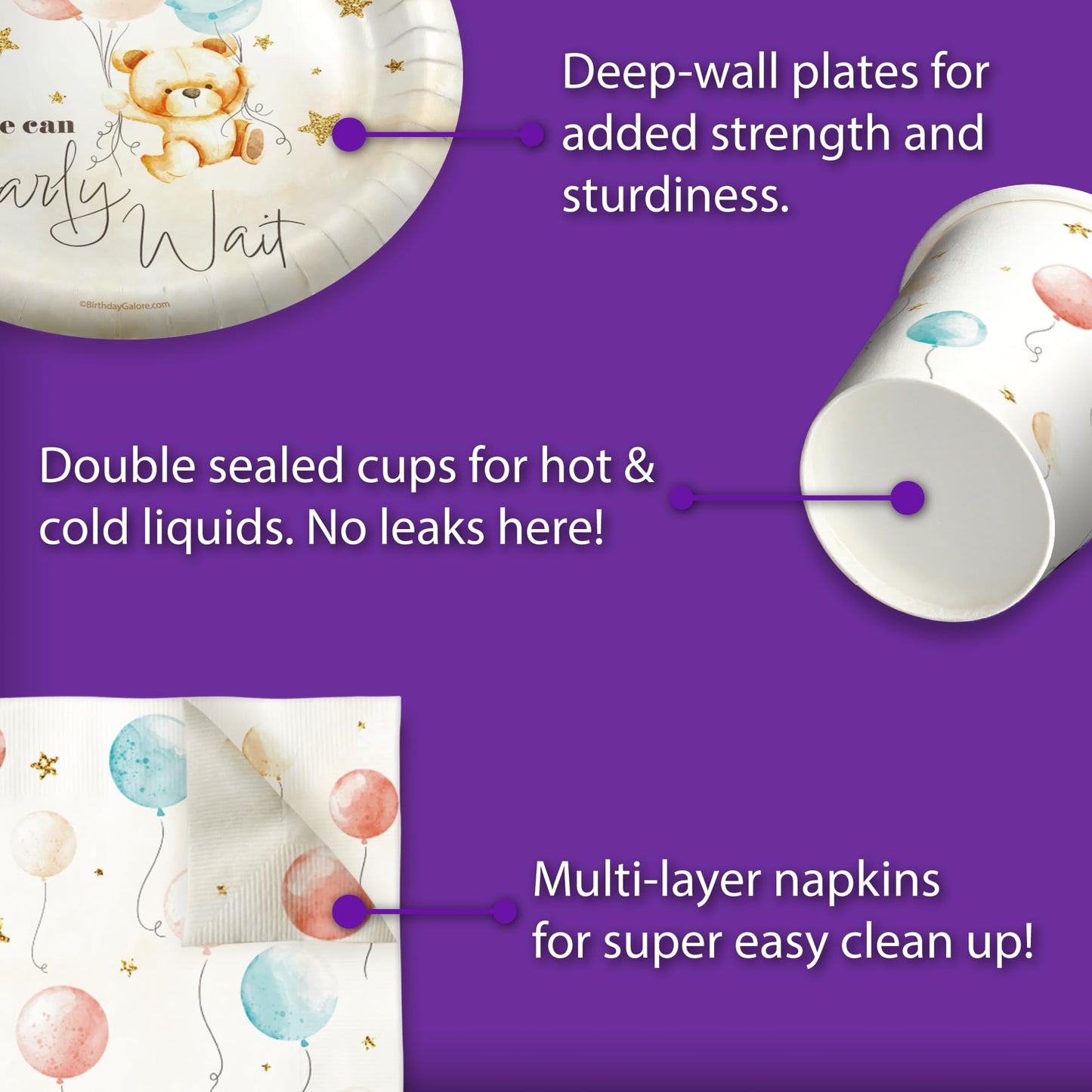 Birthday Galore We Can Bearly Wait Teddy Bear Gender Reveal Themed Party Supplies for Baby Shower - A 64 Pieces Elegant Tableware Disposable Set with Plates, Napkins, Cups for All Events - Kit for 16