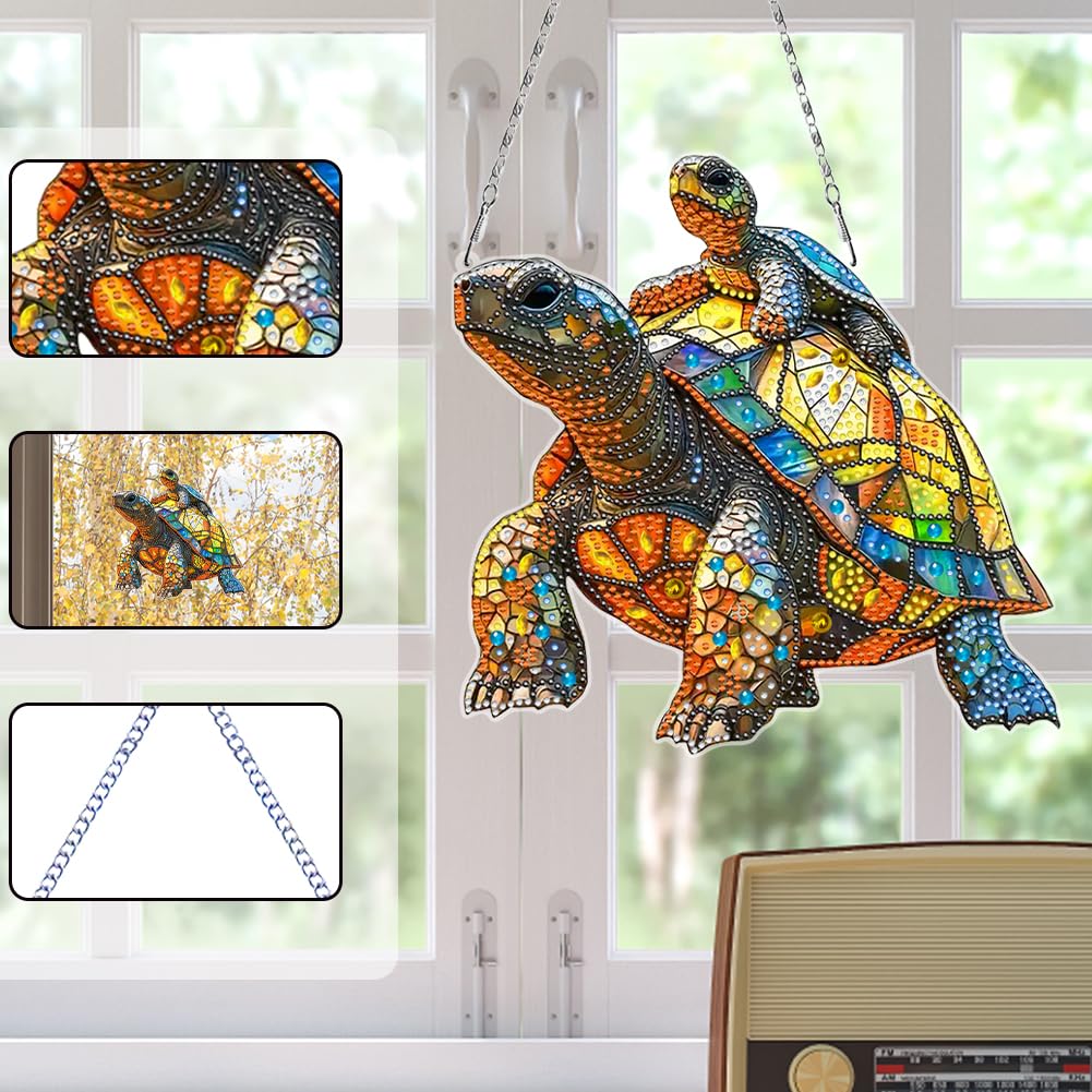 C'eitura DIY Diamond Painting Turtle Suncatcher Kit - Stained Glass Style Crystal Art Hanging Pendant for Home Window Decor, Arts and Crafts Gift for Women, Teens