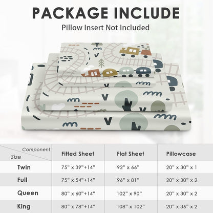 4 Set Sets Pcs Fitted Sheet Full Size, Cute Baby Car Train Road Map, Bed Decor Funny Nursery Cartoon Forest Traffic