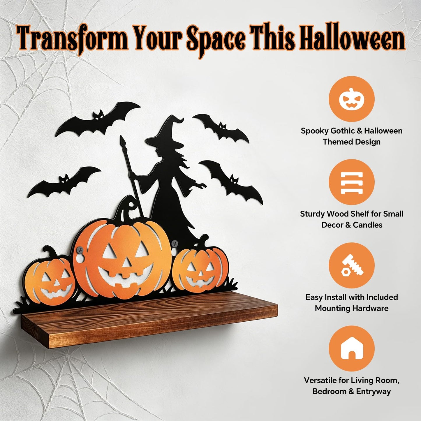 Pracaniz Halloween Pumpkin Shelf Decor, Witch Bat Iron Silhouette Tabletop Shelf Sitter with Rustic Wood Base, Halloween Mantel Decor Indoor, Witchy Gothic Accent for Crystals, 11" × 7.5"