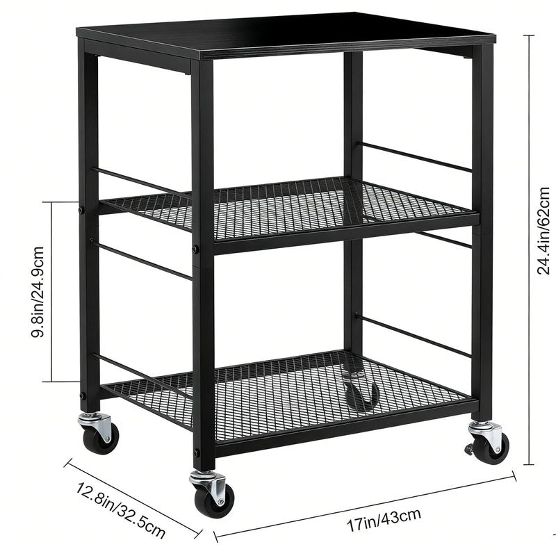 MOOACE 3 Tier End Table with Wheel, Rolling Storage Shelf Side Table Nightstand for Bedroom Kitchen Living Room Office, Stable Metal Frame and Wood Top, Black