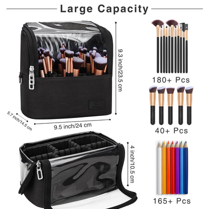 Makeup Brush Bag, Makeup Brush Holder Travel Stand-up Makeup Cup Large Makeup Brush Organizer Case Professional Cosmetic Bag Artist Storage Bag with Adjustable Divider (Large, Black)
