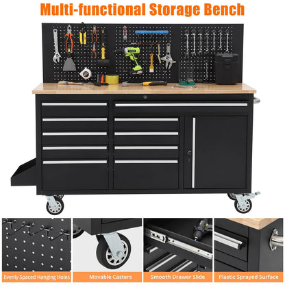 Garvee Rolling Tool Chest, 61 in Garage 10 Drawers Workbench Storage Tool Cabinet with Solid Rubber Wood Top, Power Strip, 1675 LBS Load Mobile Workstation, Heavy Duty Rolling Cabinet, Black
