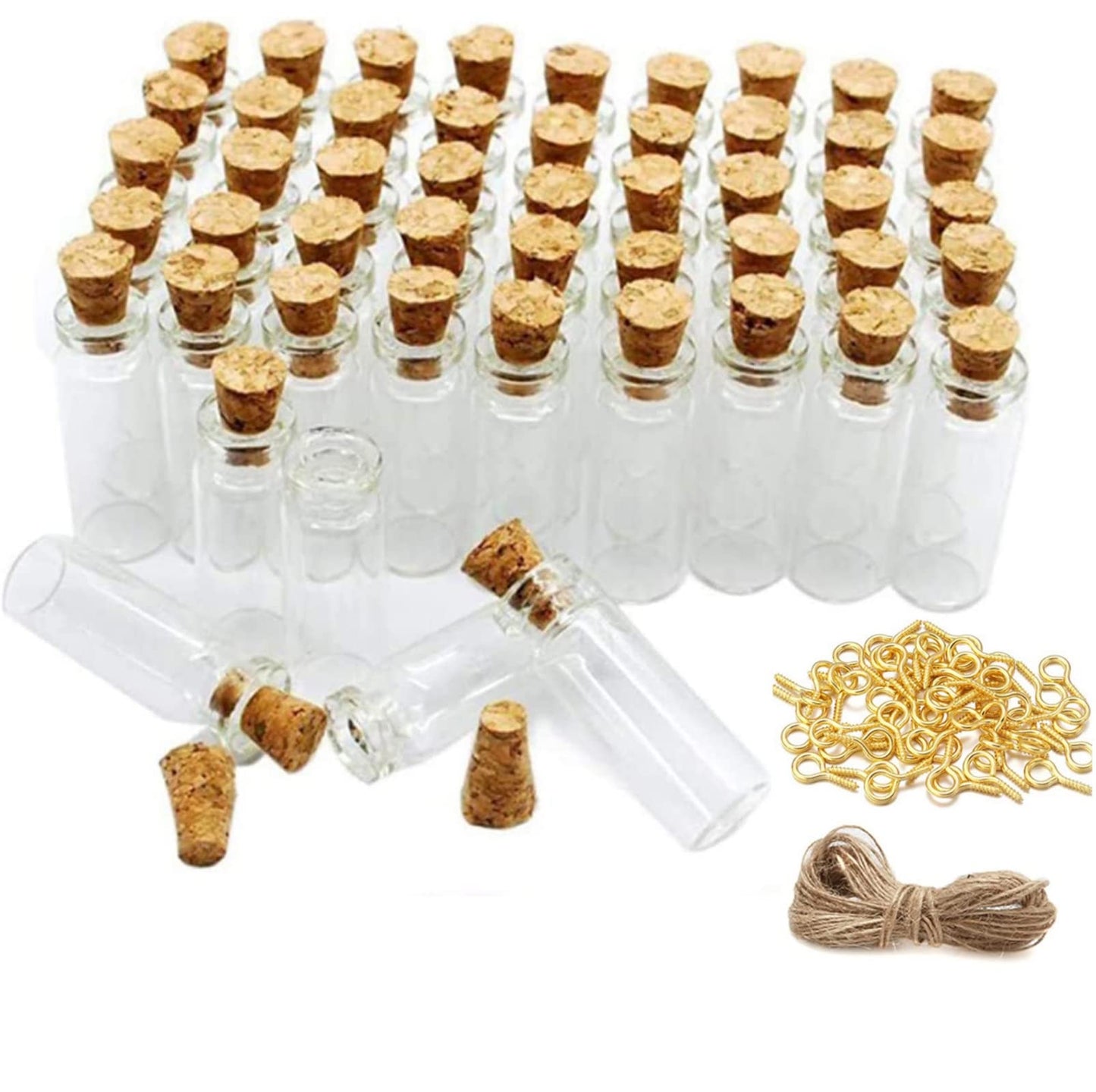 Minsily 100 Pcs 2ml Mini Glass Bottles with Cork Stoppers, 20 Meters Twines, Tiny Jars, Clear Mini Vials, Corked Bottles for DIY Arts, Crafts, Decoration, Party Favors, Gift