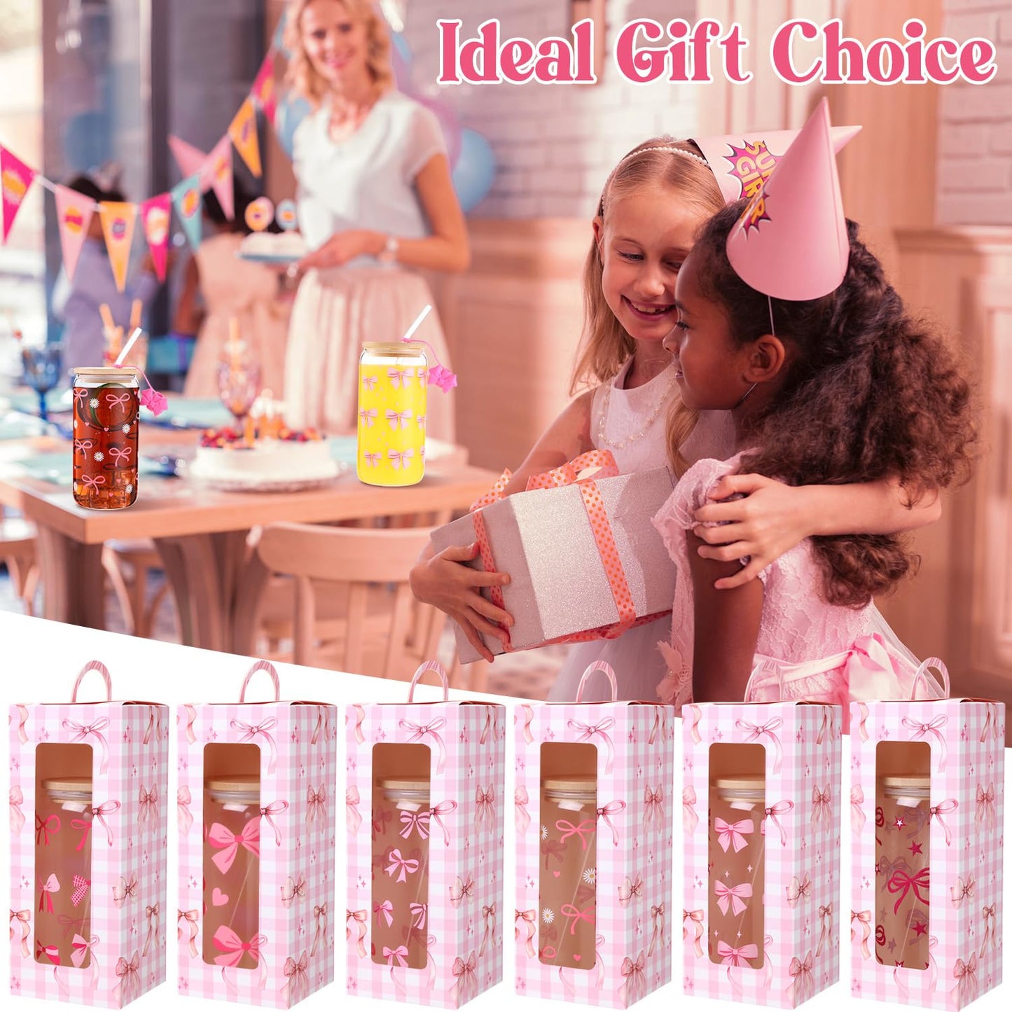 Zhehao 6 Set Cute Coquette Pink Bow Glass Cup Gift Set 16oz Aesthetic Iced Coffee Cup with Lids and Straws Toppers Brushes Gift Boxes Coquette Bow Party Favor Gifts for Girls Women Bridesmaid Mother