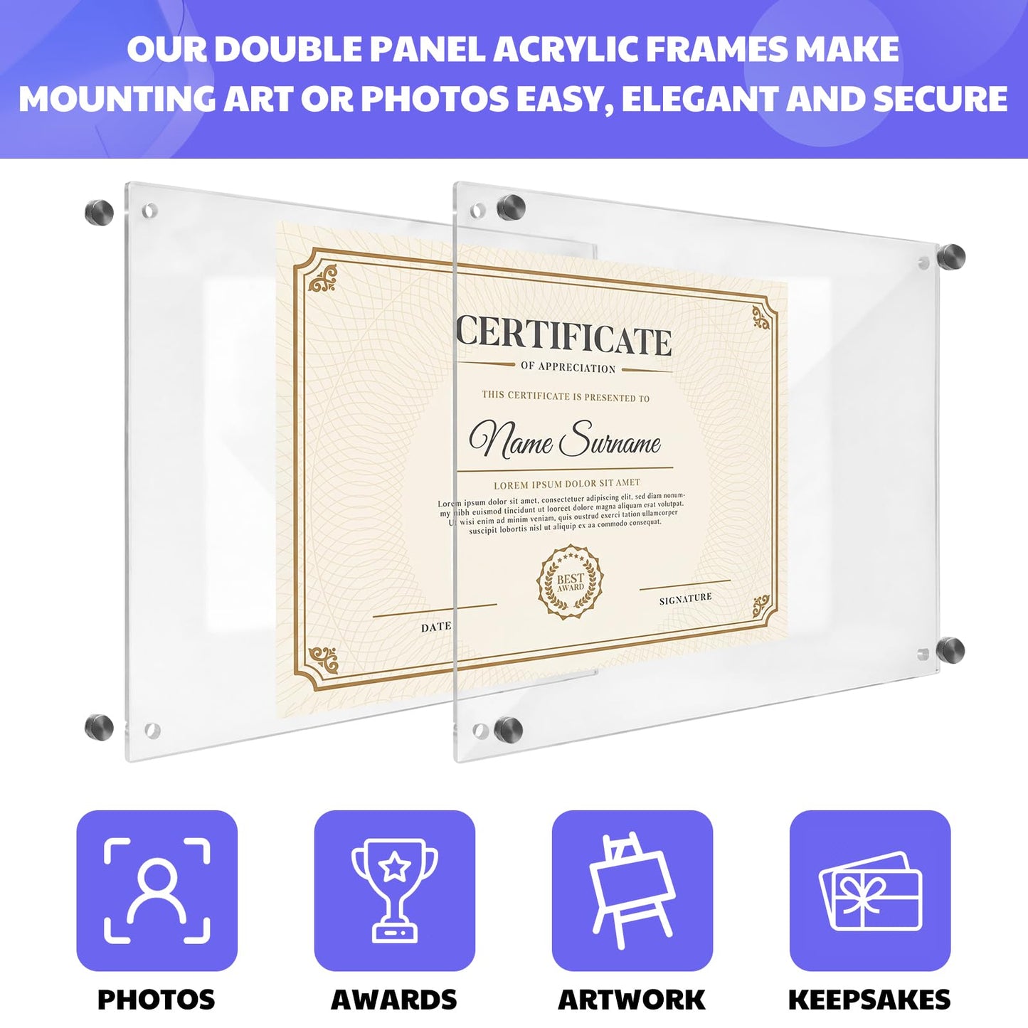 AmazingSpark 1 Set Pressed Flower Diploma Frame Floating Frameless Clear Acrylic Wall Mount Picture Frame, 24 Nano Strip 6 Color Pressed Flower for Certificate Degree Artwork (11x14'',Colorful)