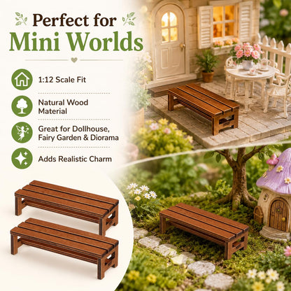 DECHOUS 2 Pack Miniature Wooden Bench for Dollhouse Furniture - Fairy Garden Bench Dollhouse Accessories for Doll House Garden Park Decoration