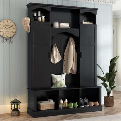 THINK 30 Modern All-in-One Hall Tree with Adjustable Shelves, Classic Arched Farmhouse Storage Bench with Dual Side Cabinets, Elegant Entryway Organizer with 7 Hooks for Mudroom, Hallway, Black