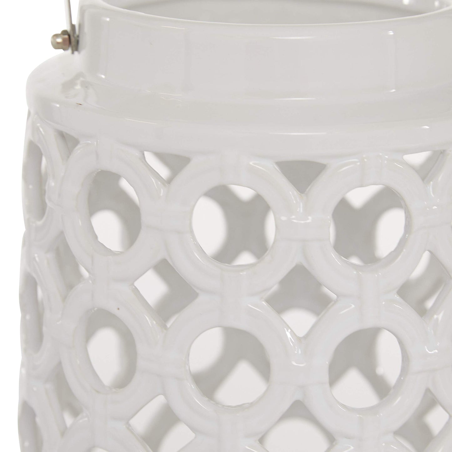 Deco 79 Ceramic Circles Decorative Candle Lantern with Cut Out Design, 8" x 9" x 8", White