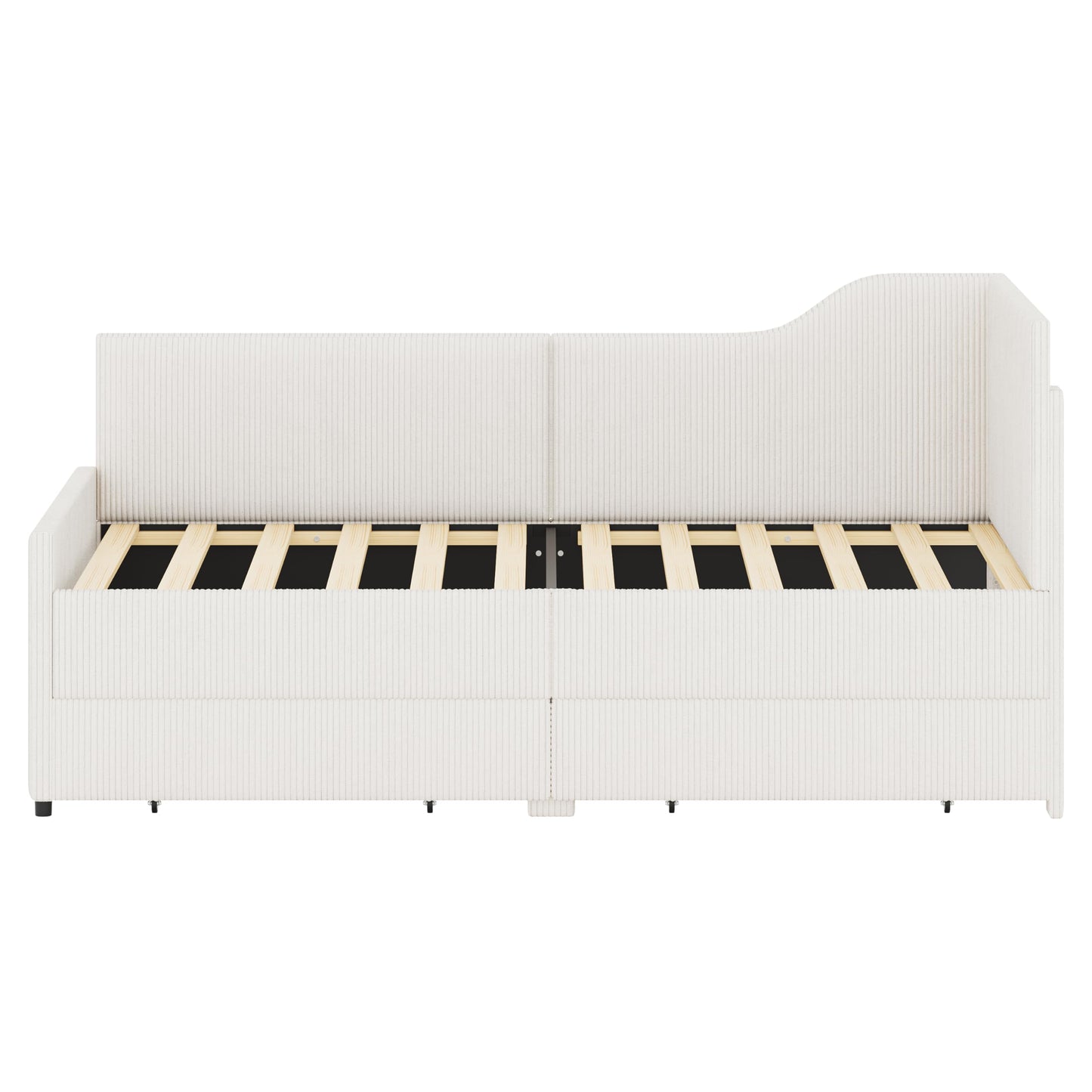 GDFStudio Twin Size L Shaped Corduroy Daybed Upholstered Bed Frame with 2 Storage Drawers Wooden Slats Semi Enclosed Design No Box Spring Needed, Beige