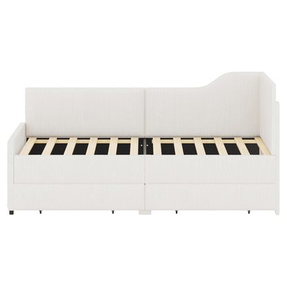 GDFStudio Twin Size L Shaped Corduroy Daybed Upholstered Bed Frame with 2 Storage Drawers Wooden Slats Semi Enclosed Design No Box Spring Needed, Beige