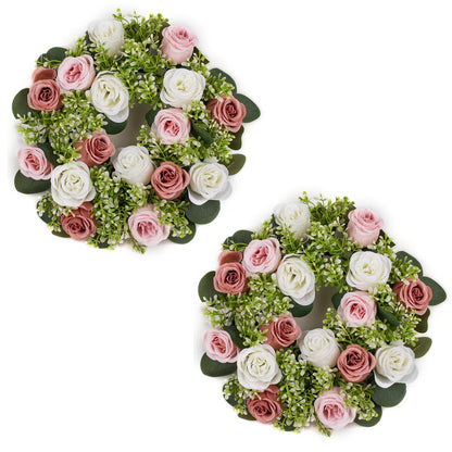 NUPTIO Flower Candle Rings for Centerpieces: 13.4 Inch Artificial Rose Wreath for Wedding Party Christmas - Dusty Rose & White Wreaths for Spring Summer Front Door Porch Table Decor 2 Pcs