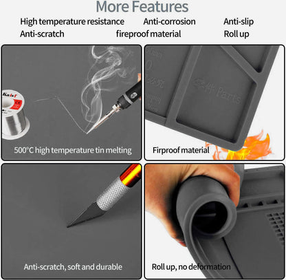 Kaisiking Magnetic Repair Work Mat Premium Silicone Soldering Mat for Soldering, Electronics, Computer Cellphone Repair, BGA Soldering Gun Iron Workbench Protection S160 Mat（Grey）