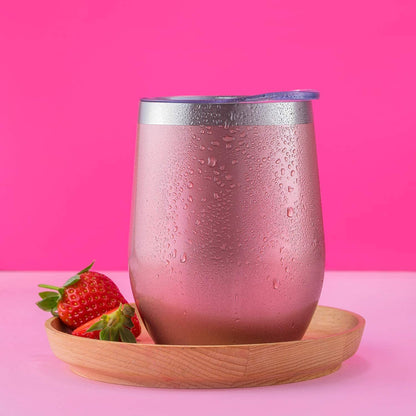 CHILLOUT LIFE Stainless Steel Wine Tumblers 2 Pack 12 oz - Double Wall Vacuum Insulated Wine Cups with Lids and Straws Set for Coffee, Wine, Cocktails (Rose Gold)